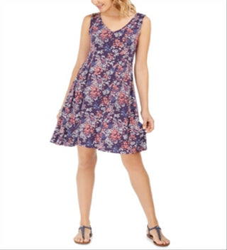 Style & Co Women's Sleeveless Printed Strappy Back Dress Navy Multi Size X-Small