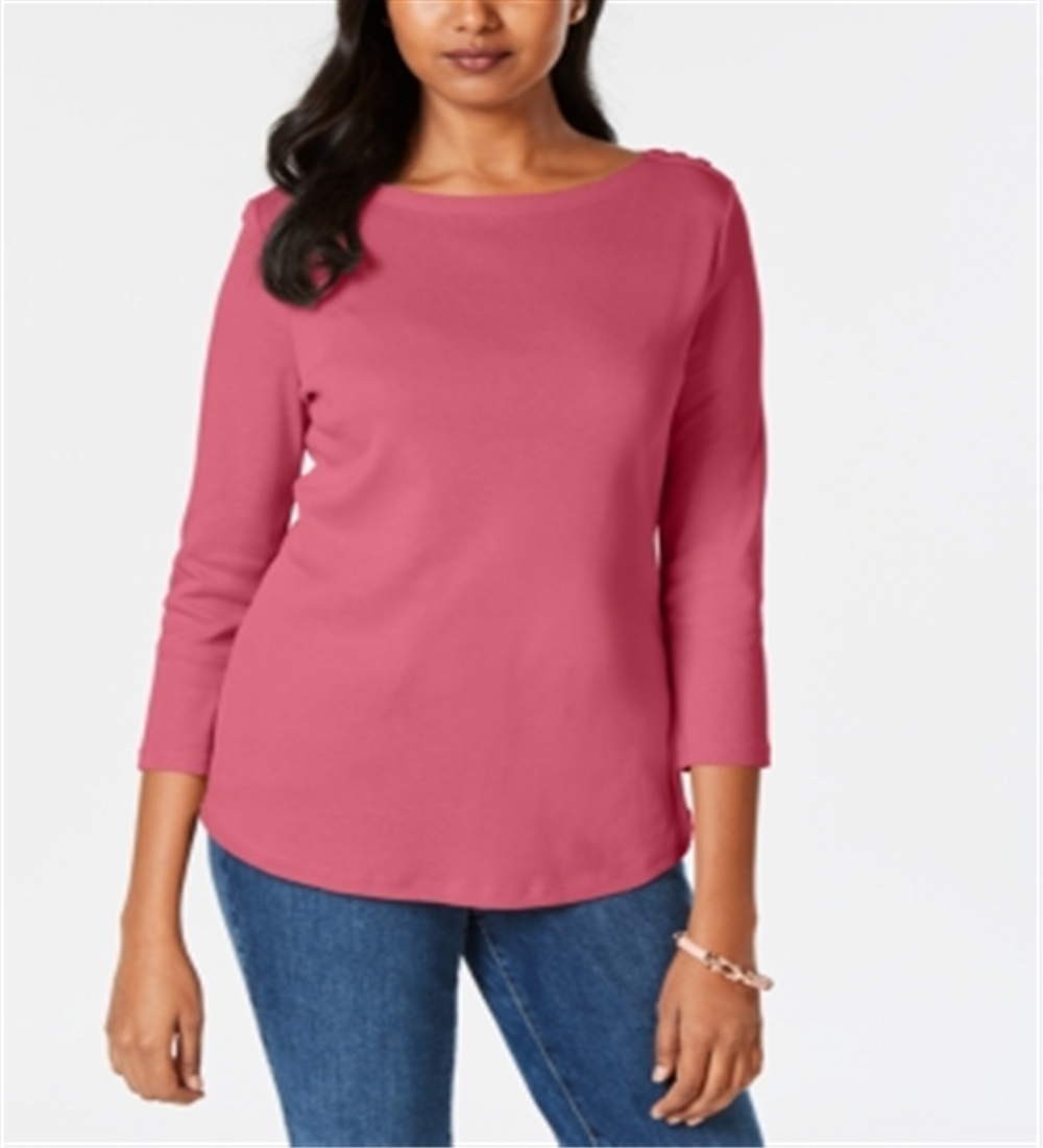 Charter Club Women's Pima Cotton Boat Neck Button-Shoulder Top Pink Size Small