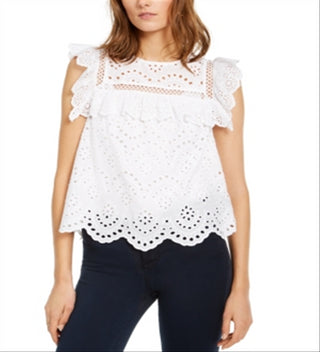 INC International Concepts Women's Eyelet Flutter Sleeve Top White Size Medium