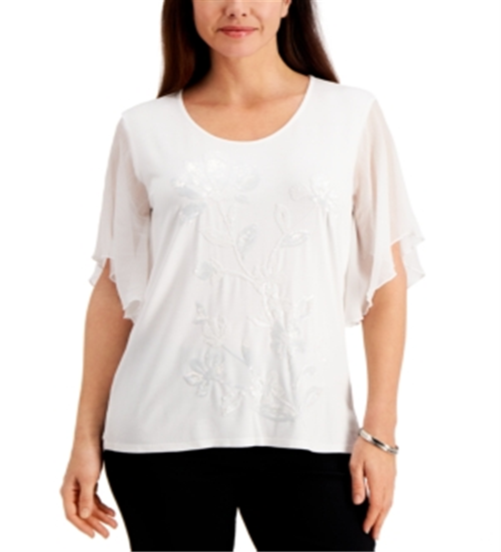 JM Collection Women's Sequin Flutter Sleeved Top White Size Small