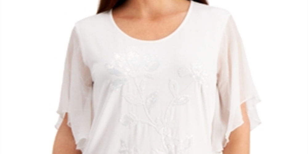 JM Collection Women's Sequin Flutter Sleeved Top White Size Small