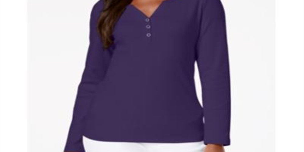 Karen Scott Women's Cotton Henley Top Purple Size Medium