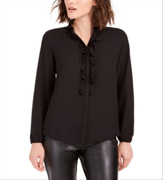 Bar III Women's Ruffle Front Button up Blouse Black Size X-Large