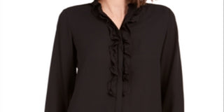 Bar III Women's Ruffle Front Button up Blouse Black Size X-Large