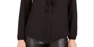 Bar III Women's Ruffle Front Button up Blouse Black Size X-Large