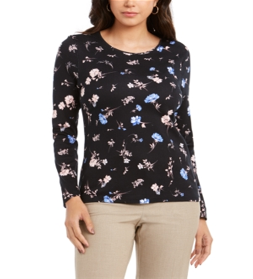 Charter Club Women's Cotton Ditsy Print Top Black Size XX-Large