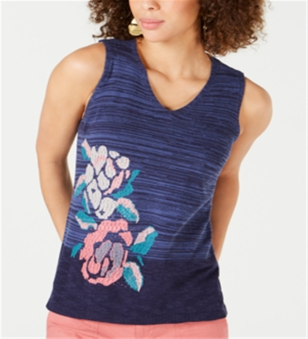 Style & Co Women's Sleeveless Printed V Neck Sweater Blue Size X-Small