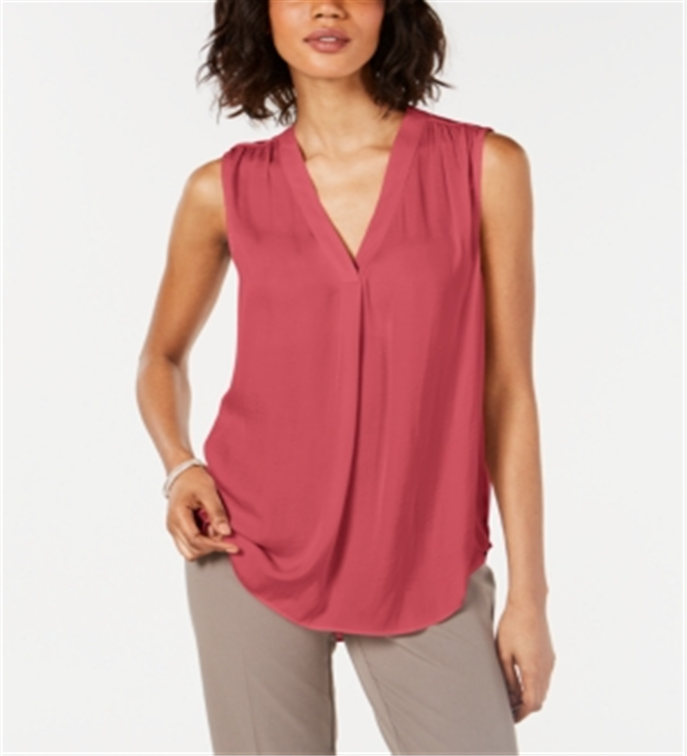 Alfani Women's Blouse V Neck Tank Top Solid Pleat Pink Size Large