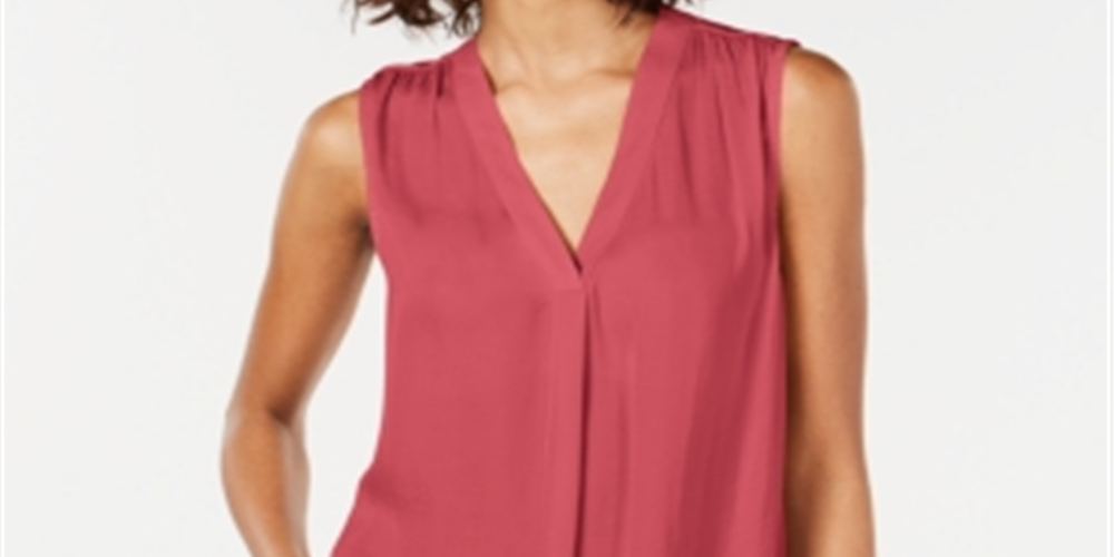 Alfani Women's Blouse V Neck Tank Top Solid Pleat Pink Size Large