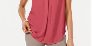 Alfani Women's Blouse V Neck Tank Top Solid Pleat Pink Size Large