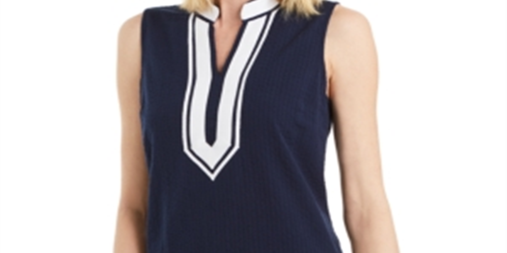 Charter Club Women's Blouse Textured Piped Blue Size Small