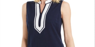 Charter Club Women's Blouse Textured Piped Blue Size Small