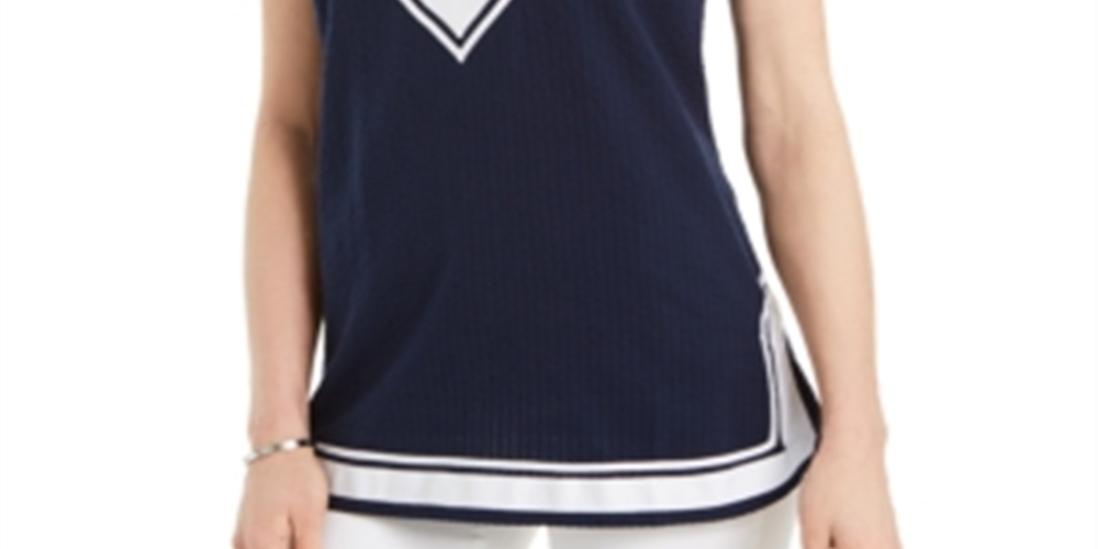 Charter Club Women's Blouse Textured Piped Blue Size Small