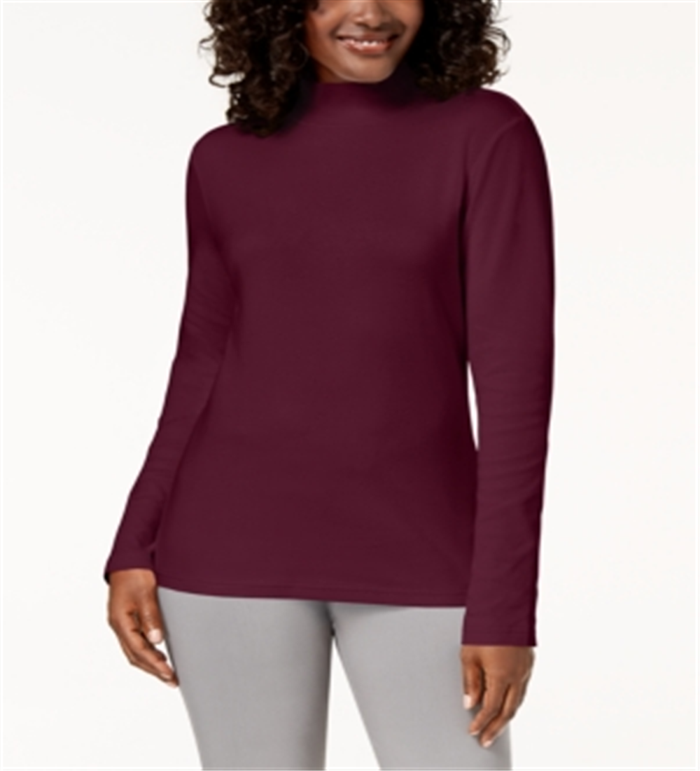 Karen Scott Women's Long Sleeve Mock Neck Cotton Top  Red Size Petite S