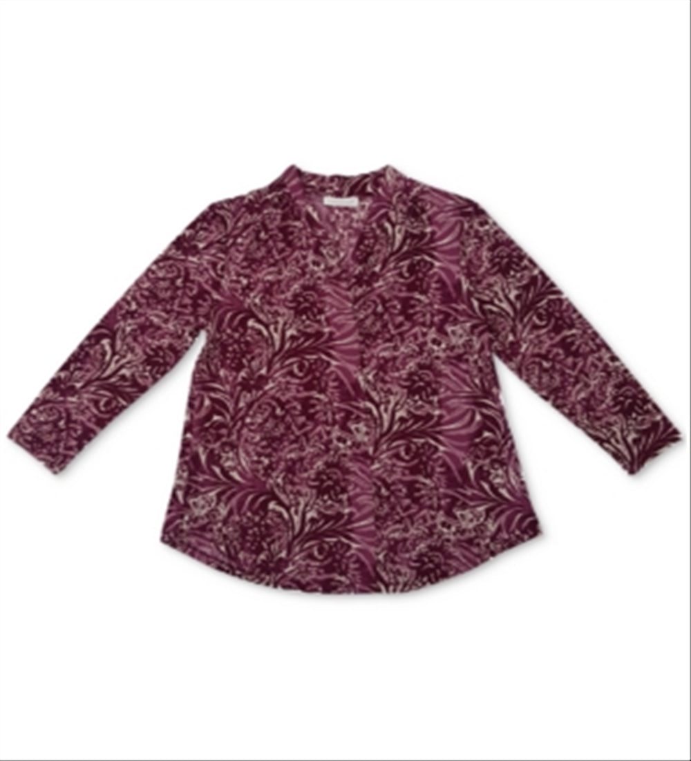 Charter Club Women's V Neck Printed Three Quarter Sleeve Top  Red Size Large