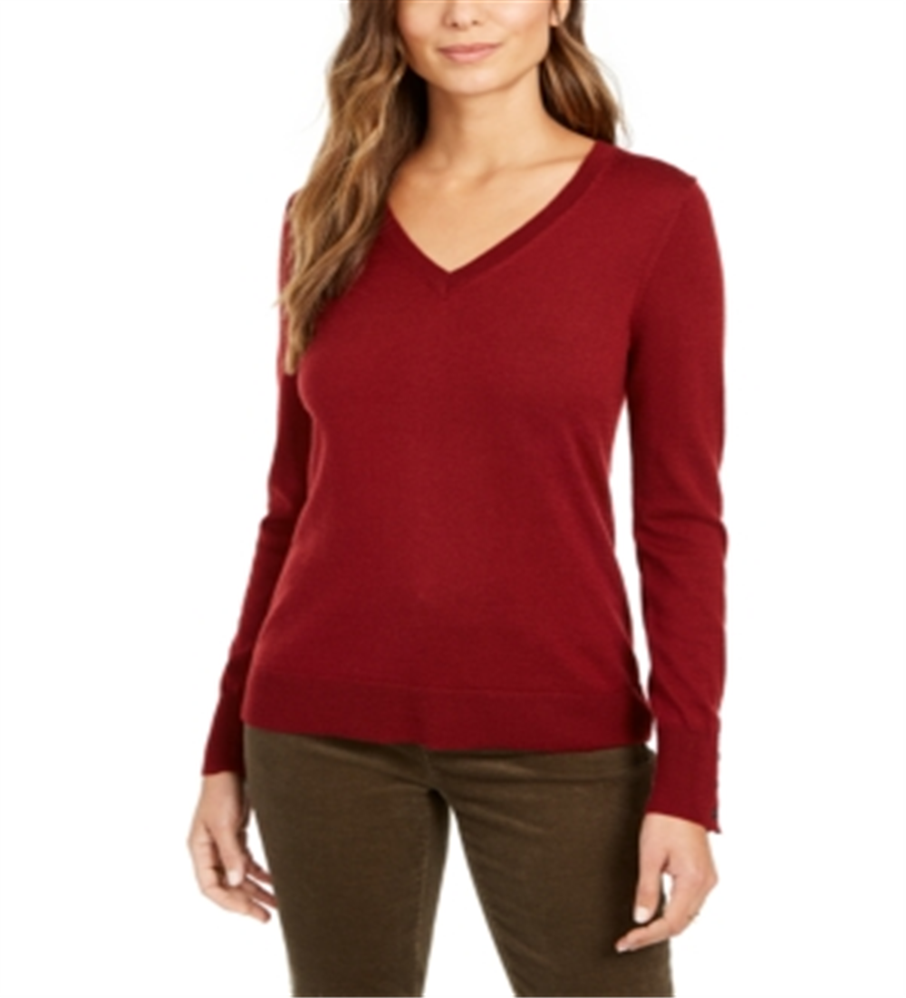 Charter Club Women's Merino Wool Button Cuff V Neck Sweater Red Size X-Large