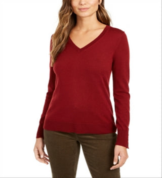 Charter Club Women's Merino Wool Button Cuff V Neck Sweater Red Size X-Large
