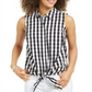 Charter Club Women's Gingham Print Tie Hem Shirt Black Size 6