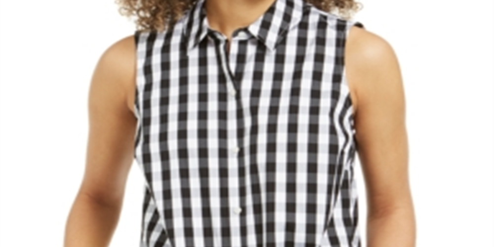 Charter Club Women's Gingham Print Tie Hem Shirt Black Size 6
