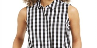 Charter Club Women's Gingham Print Tie Hem Shirt Black Size 6