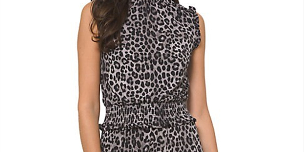 Michael Kors Women's Animal Print Ruffled Dress Black Size Medium