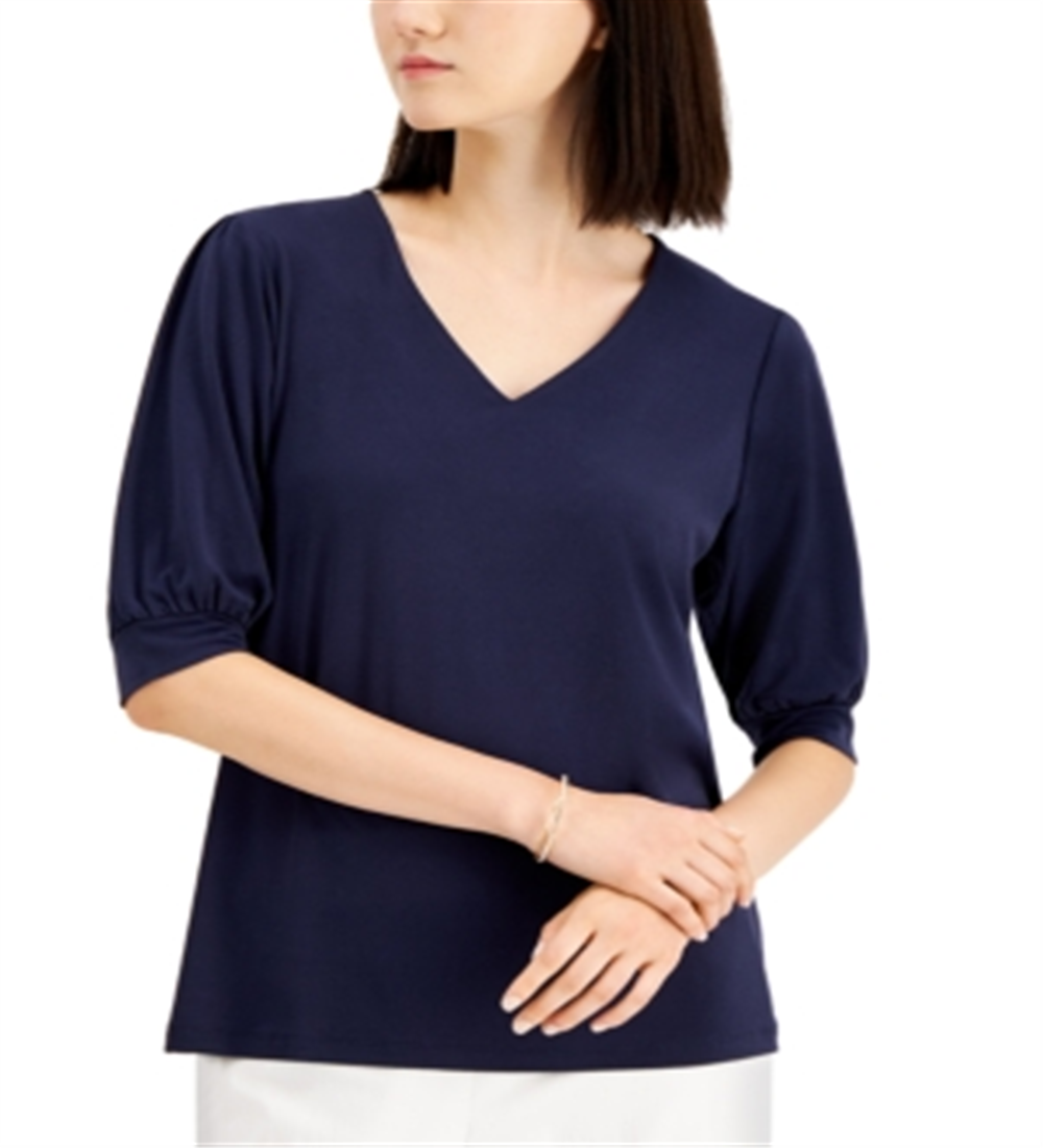 JM Collection Women's Puff Sleeve V Neck Top Blue Size Medium