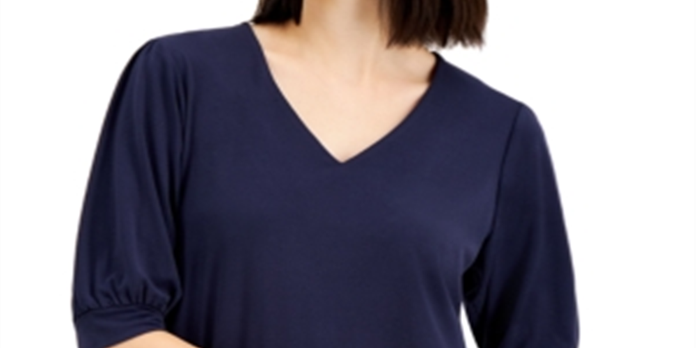 JM Collection Women's Puff Sleeve V Neck Top Blue Size Medium