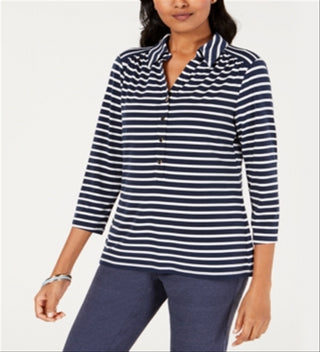 Charter Club Women's Printed Stripe Knit Top  Navy/White Size Medium