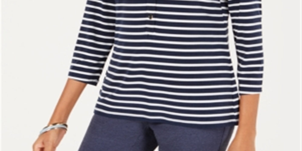 Charter Club Women's Printed Stripe Knit Top  Navy/White Size Medium