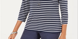 Charter Club Women's Printed Stripe Knit Top  Navy/White Size Medium