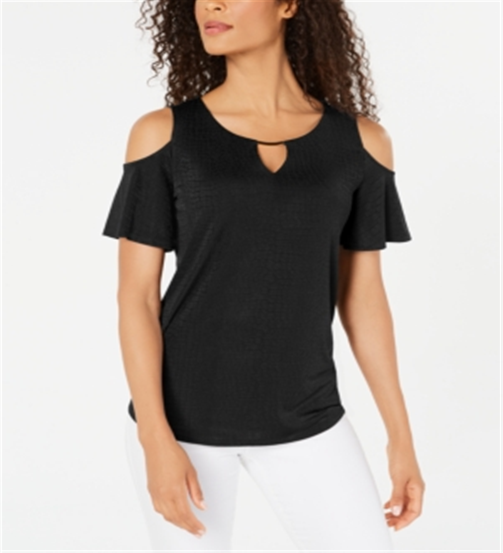 JM Collection Women's Cold Shoulder Textured Top  Black Size X-Small