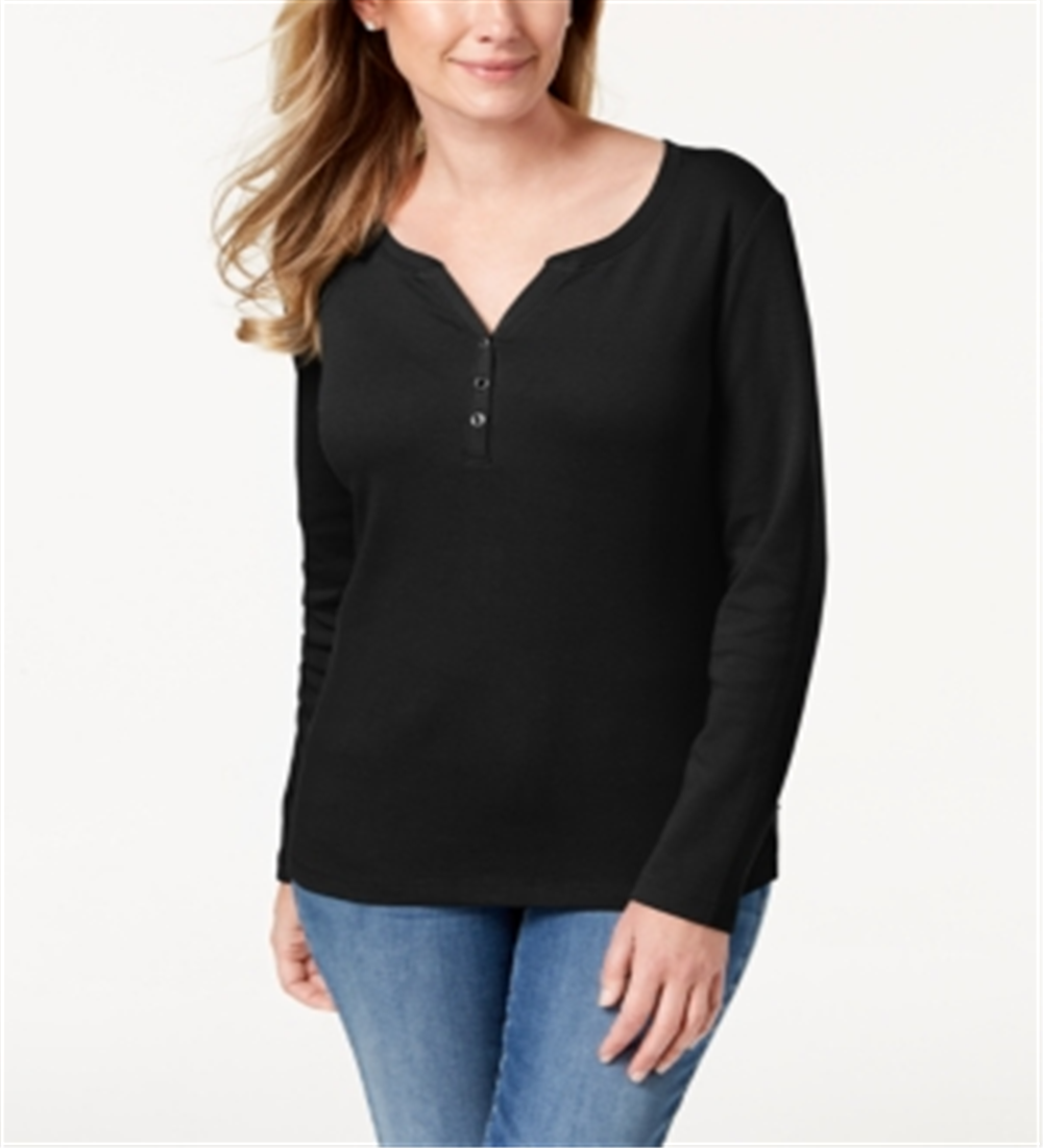 Karen Scott Women's Cotton Henley Neck Top Black Size Petite S