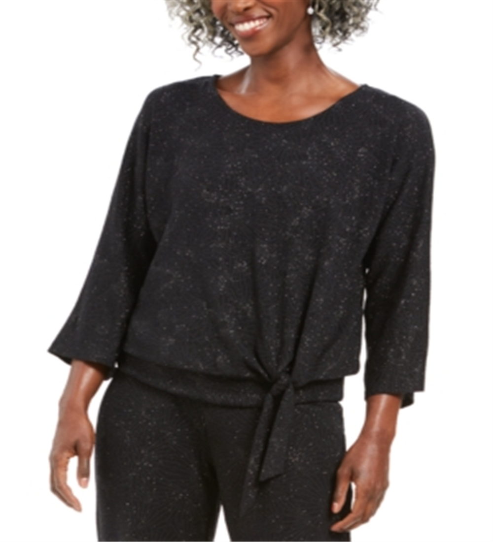 JM Collection Women's Metallic Tie Front Top Black Size X-Small