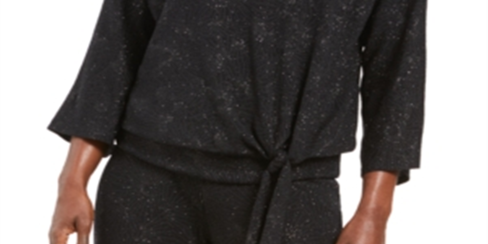 JM Collection Women's Metallic Tie Front Top Black Size X-Small