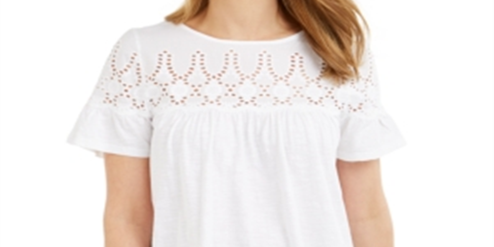 Style & Co Women's Eyelet Yoke Short Sleeve Top White Size X-Small