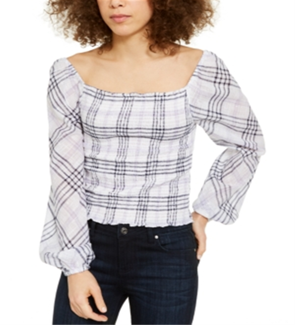 INC International Concepts Women's Smocked Plaid Blouse White Size X-Large