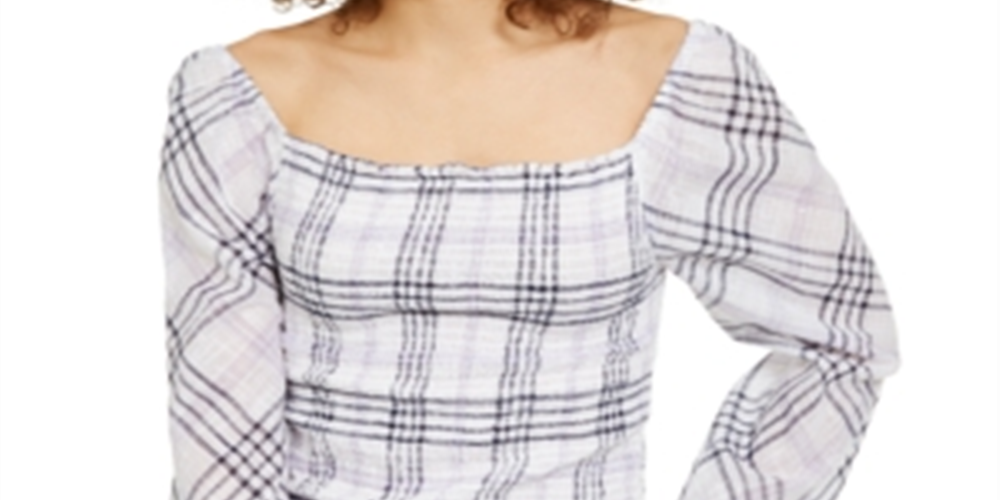 INC International Concepts Women's Smocked Plaid Blouse White Size X-Large