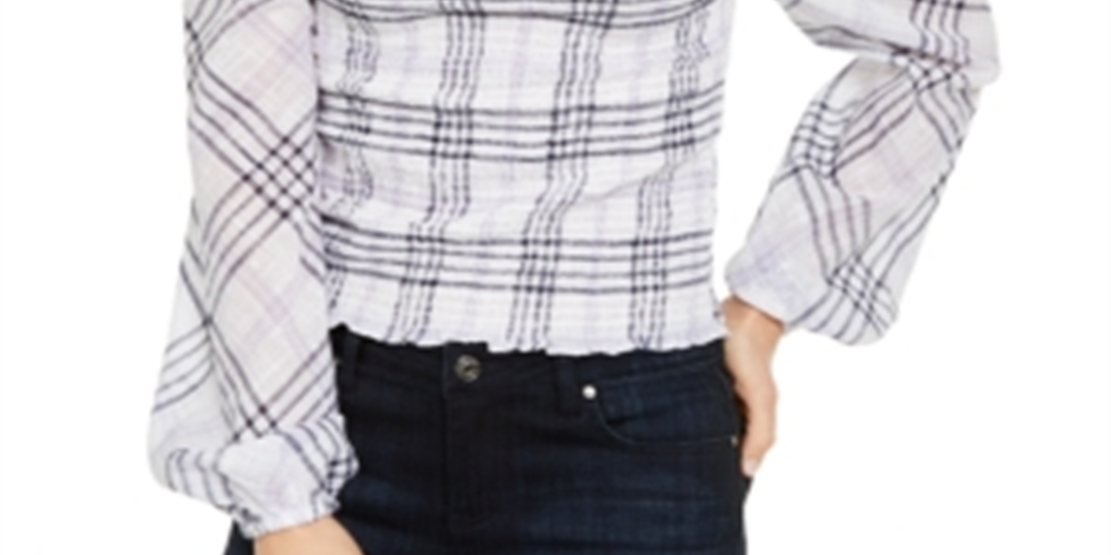 INC International Concepts Women's Smocked Plaid Blouse White Size X-Large