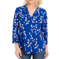 Charter Club Women's Floral Print Pleated V Neck Blouse Blue Size Medium
