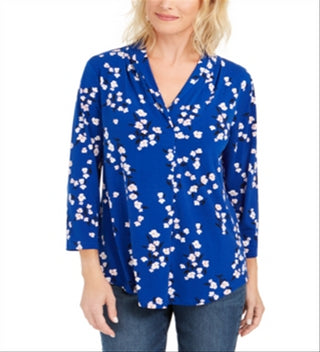 Charter Club Women's Floral Print Pleated V Neck Blouse Blue Size Medium