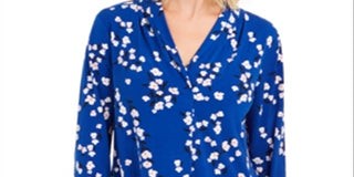 Charter Club Women's Floral Print Pleated V Neck Blouse Blue Size Medium