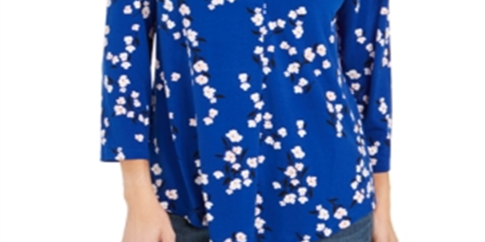 Charter Club Women's Floral Print Pleated V Neck Blouse Blue Size Medium