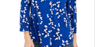 Charter Club Women's Floral Print Pleated V Neck Blouse Blue Size Medium