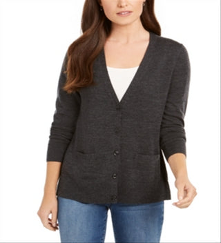 Charter Club Women's Merino Wool V Neck Cardigan Grey Size X-Small