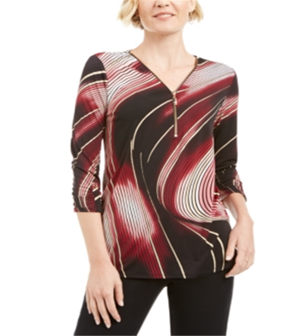 JM Collection Women's Printed Zipper Trim Tunic  Black Size Medium