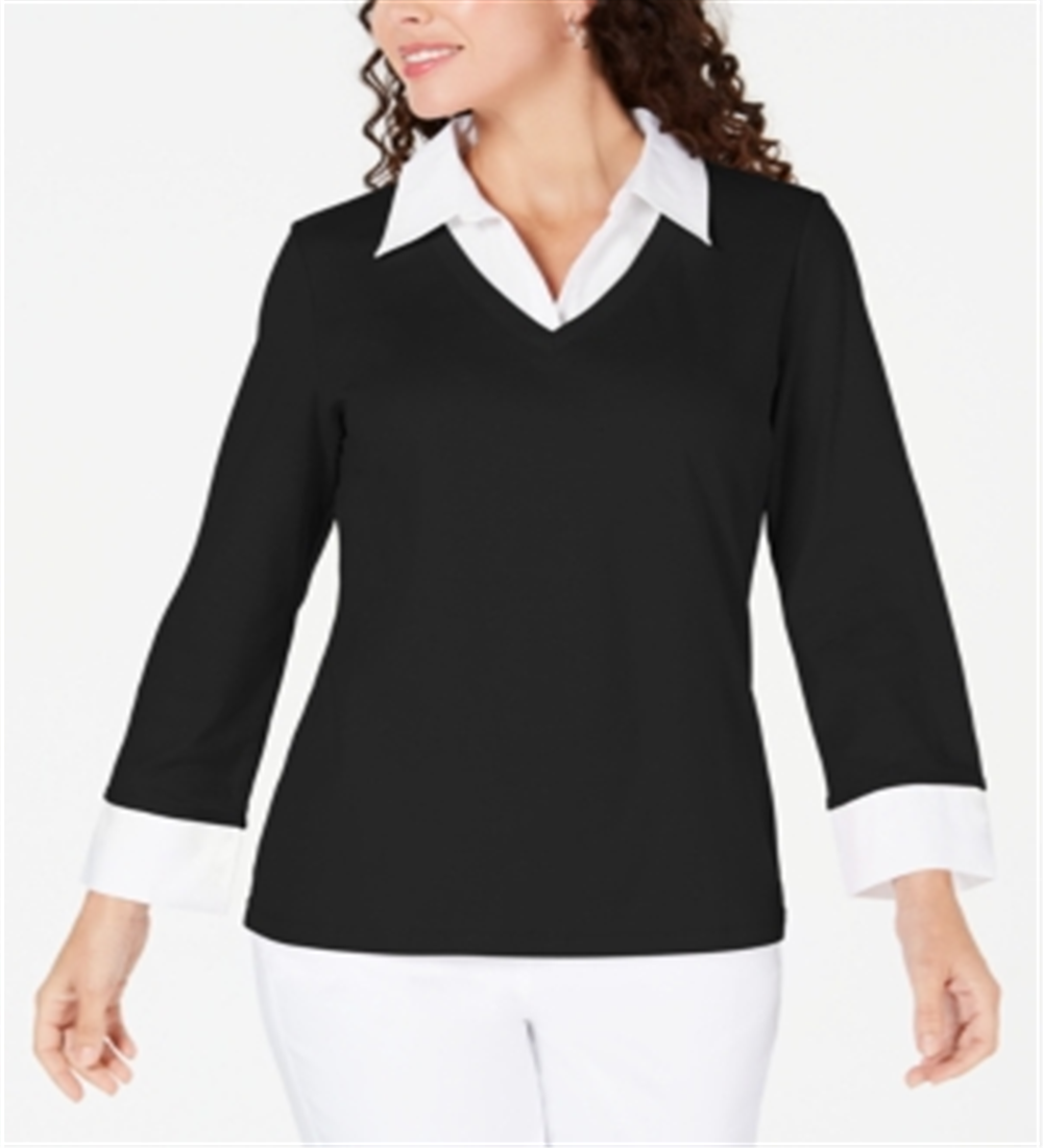 Karen Scott Women's Cotton Layered Look Top Black Size X-Small