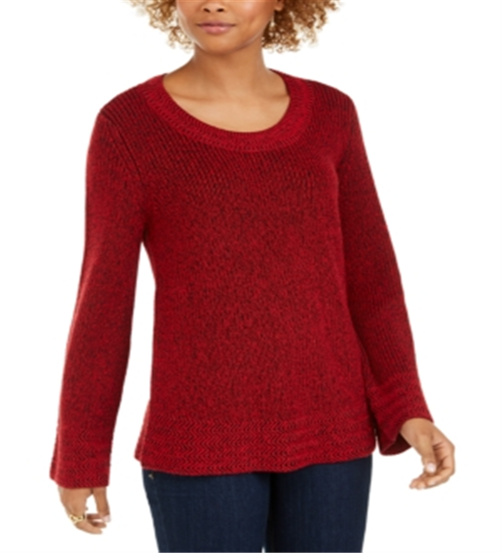 Style & Co Women's Textured Knitted Printed Long Sleeve Scoop Neck T-Shirt Sweater Size Red Size Petite L