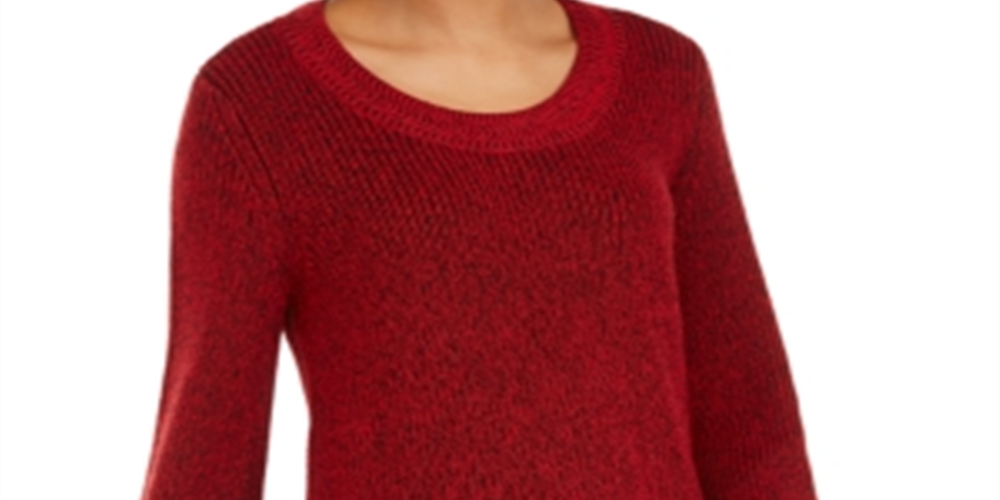 Style & Co Women's Textured Knitted Printed Long Sleeve Scoop Neck T-Shirt Sweater Size Red Size Petite L