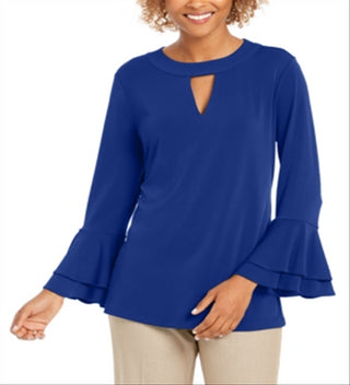 Charter Club Women's Bell Sleeve Keyhole Top Blue Size X-Large