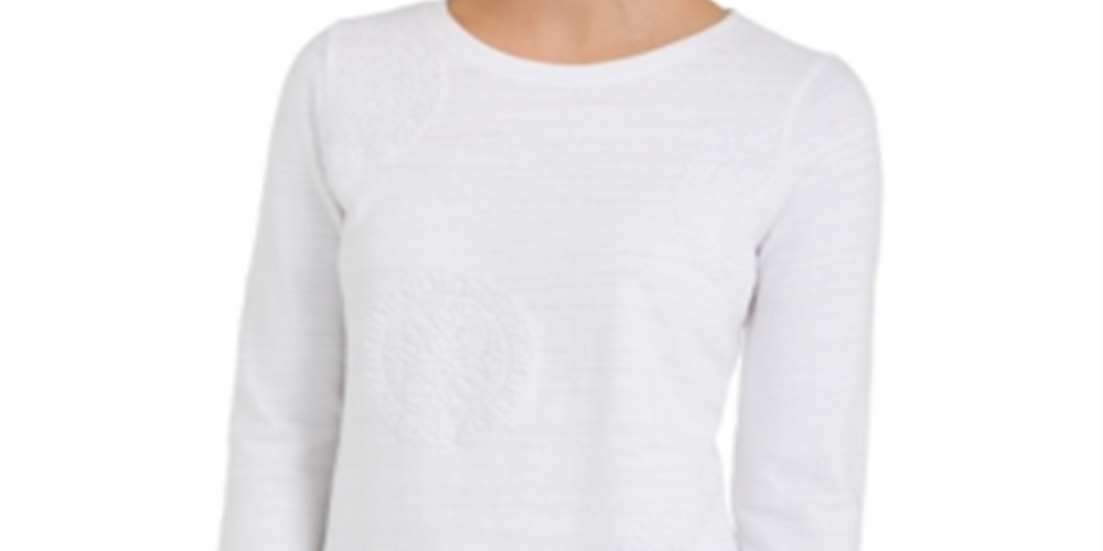 Charter Club Women's 3/4 Sleeve Printed Top White Size X-Small